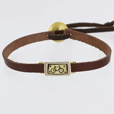 Custom photo-engraved silver bracelets for gifts-Bicycle Mixed Metals Bracelet On Sienna Leather