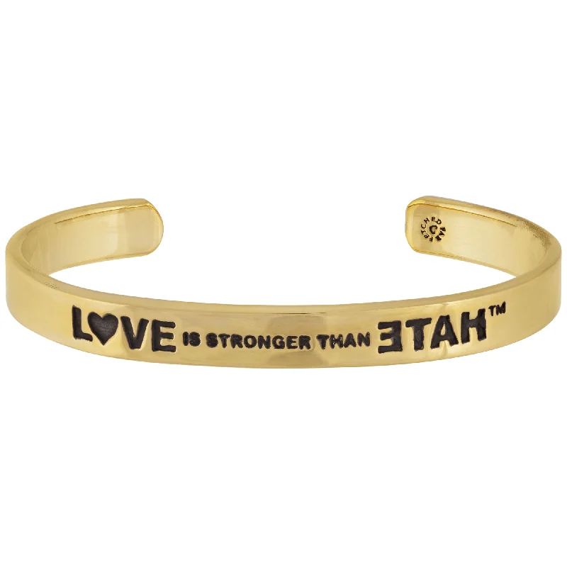 Unique charm bracelets with gemstones-Love Is Stronger Than Hate Brass Cuff Bracelet