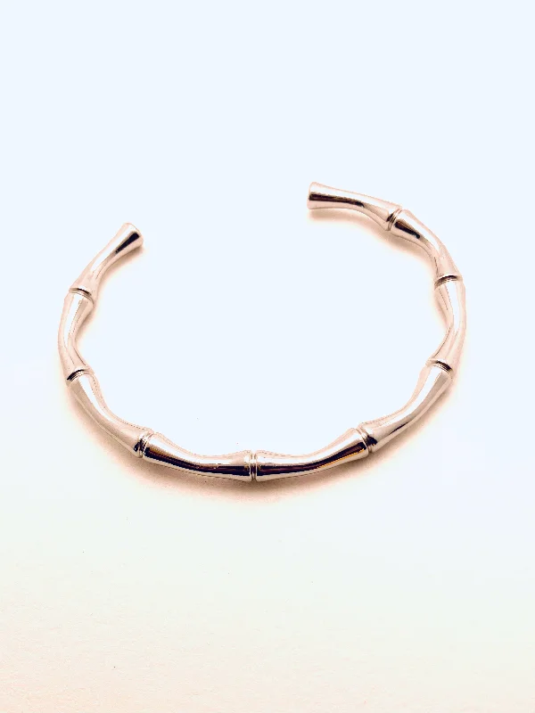 Healing gemstone bangle bracelets for women-Bamboo Silver Cuff