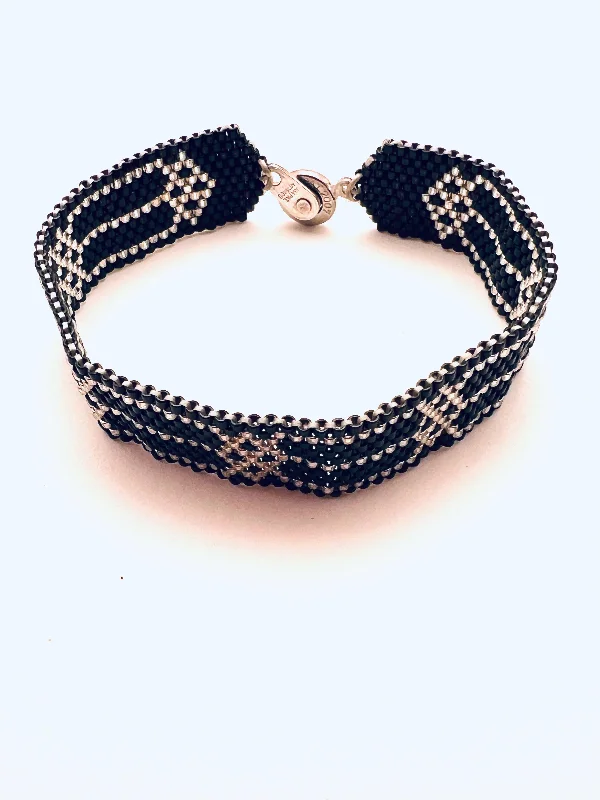 Handmade wrap-around leather bracelets for men-Beaded Art Deco Bracelet, Black and Silver