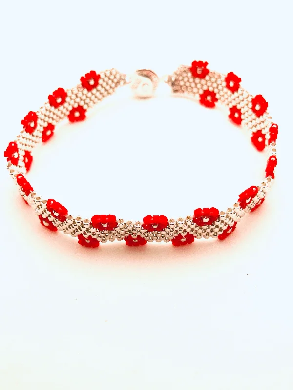 Custom bracelets for bridesmaids-Beaded Flower Edge Bracelet, Red and Silver