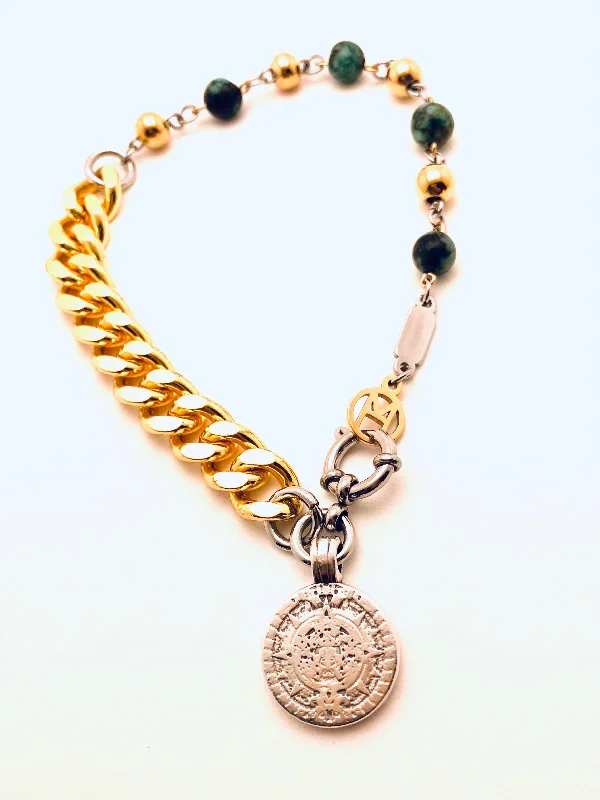 Personalized engraved gold bracelets-Gold/Silver African Turqoise Aztec Coin Bracelet