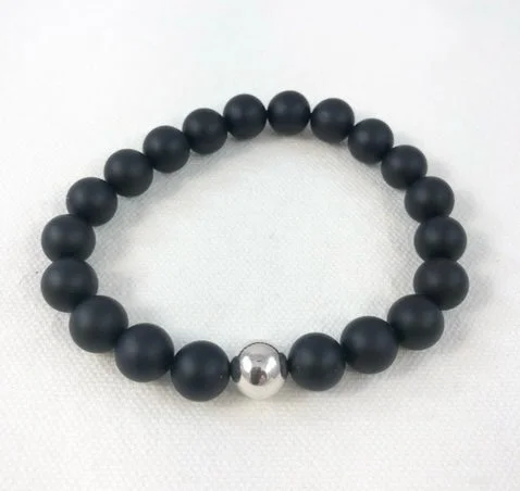 Beaded bracelets with custom initials for men-Men's Bracelet, Black Onyx with Sterling Silver Bead