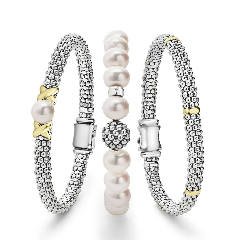 Trendy stacked bracelets with gemstones-Signature Caviar Two-Tone Pearl Bracelet Gift Set