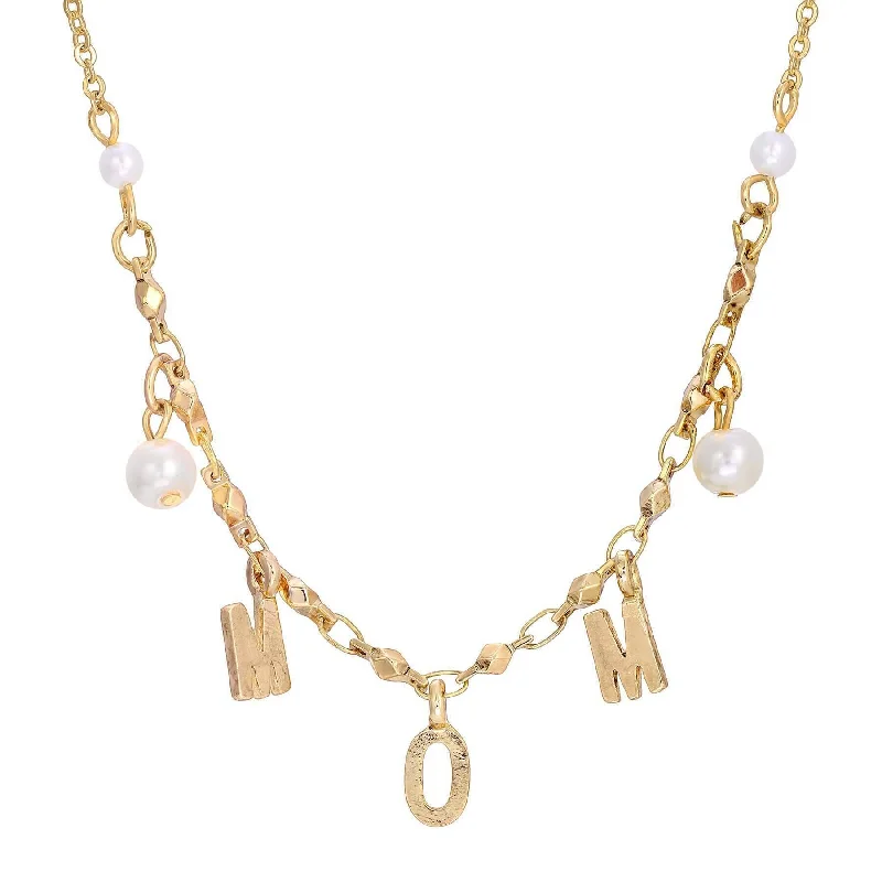 three-tier gold necklace for women-1928 Jewelry MOM Initials White Faux Pearl Necklace 16"