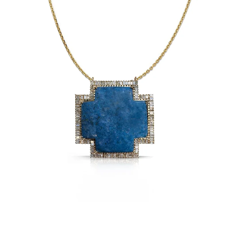 hand-made gold necklace for fashionistas-14k Large Lapis Baguette Cross Necklace