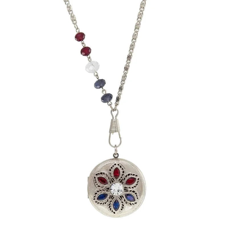 modern geometric pendant necklace for women-1928 Jewelry Patriotic Red White and Blue Crystal Locket Necklace 28"