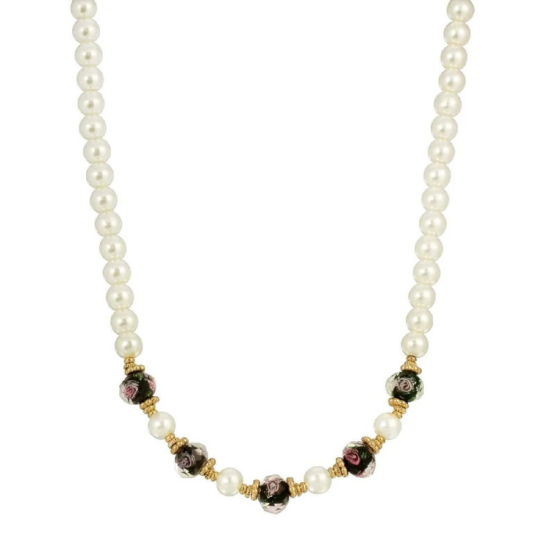 rose gold charm necklace for women-1928 Jewelry 8mm Faux Pearl Strand And Black Bel Fiore Beaded Necklace 15" + 3" Extender