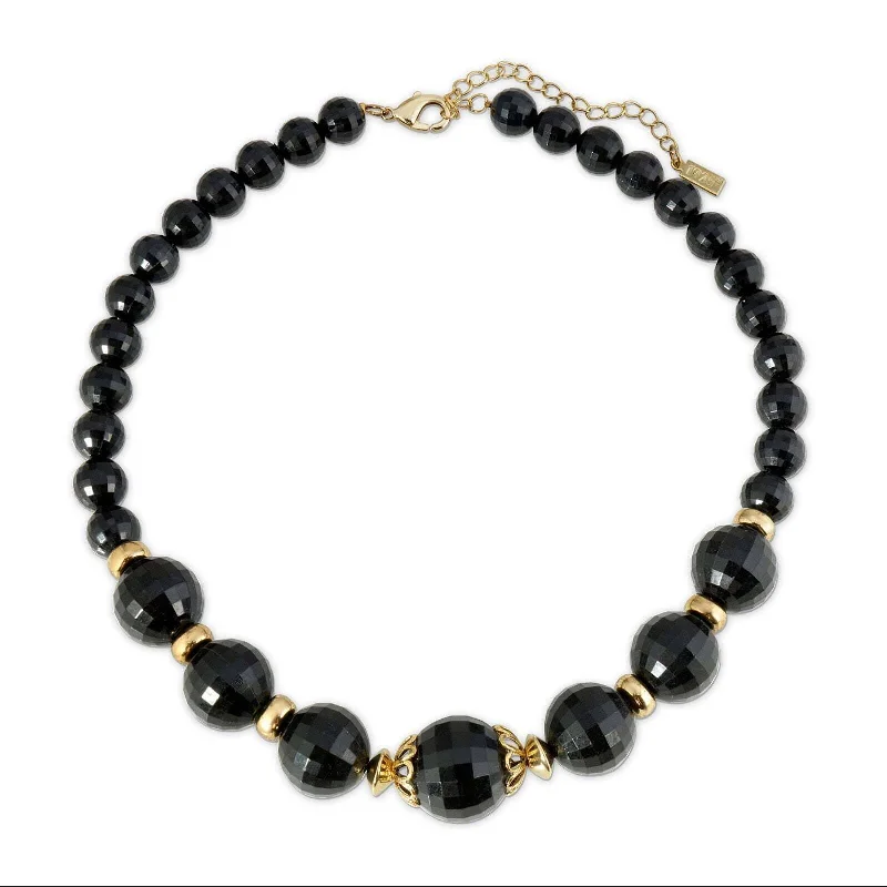 fashion gemstone pendant necklace-1928 Jewelry Round Black Faceted Beaded Stranded Necklace 16" + 3" Extender