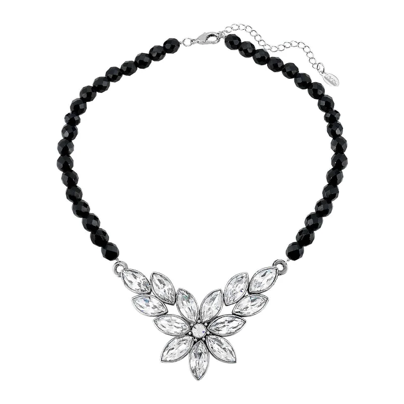 diamond heart necklace for engagement-1928 Jewelry Austrian Crystal Flower & Black Glass Beaded Necklace 15 - 18" Adjustable