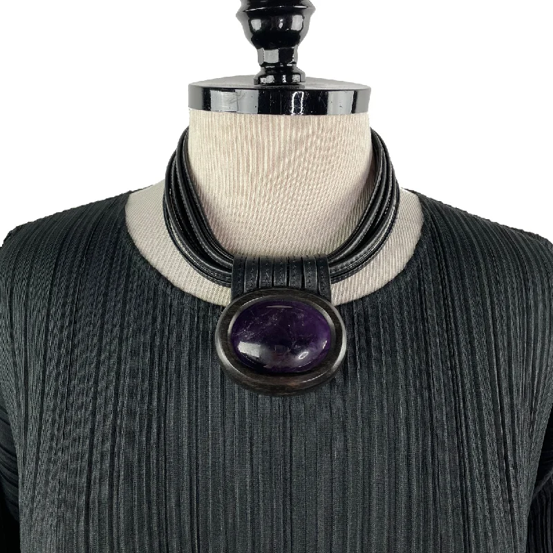 elegant diamond necklace for weddings-AMETHYST / LEATHER CHOKER