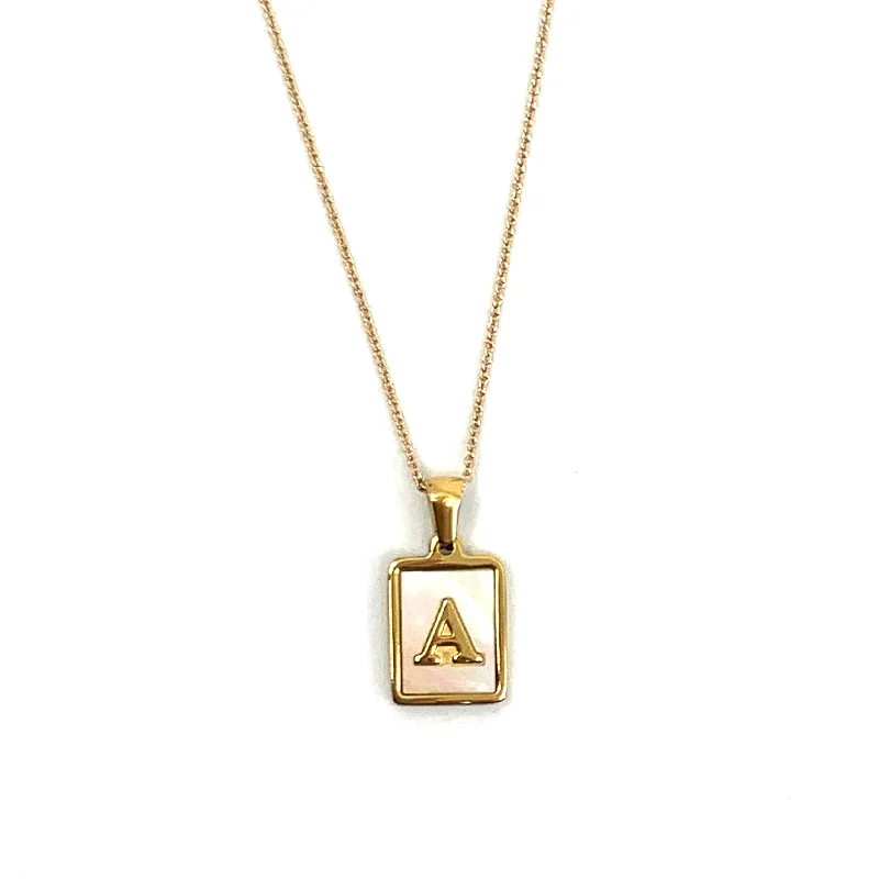 long gold chain necklace for layering-Alphabet Letter Necklace - Gold Mother of Pearl