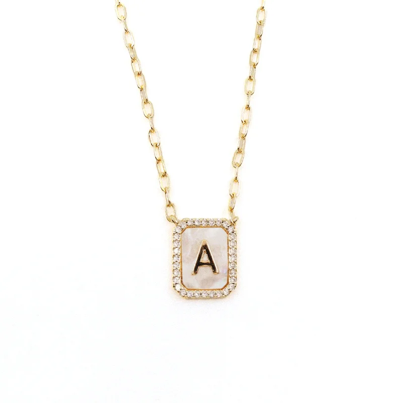 pearl and silver necklace for brides-Alphabet Letter Necklace - Mother of Pearl & Crystals Small Tag