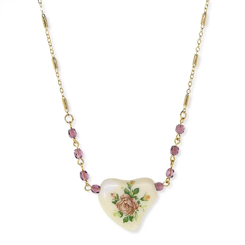 rose gold chain necklace for women-1928 Jewelry Purple Beaded White Heart With Pink Floral Decal Necklace 16" + 3" Extender