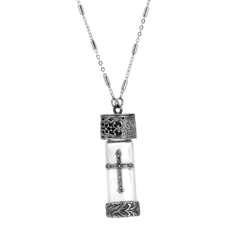 vintage gemstone pendant necklace for women-Symbols of Faith Antique Cross Glass Vial Necklace 30"