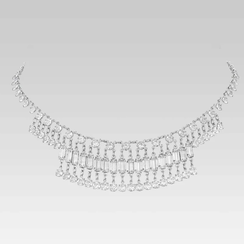 pearl choker necklace for weddings-1928 Jewelry Vintage Austrian Crystal Baguette Round Drop Link Necklace 14"