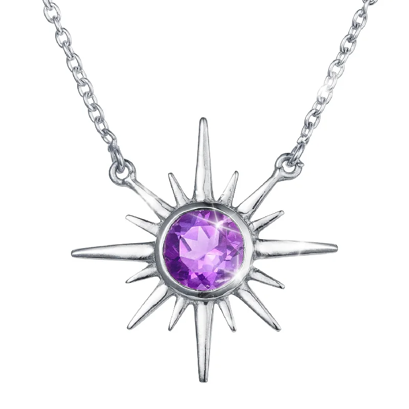 engraved couple’s necklace for him and her-Sunburst Amethyst Ladies Necklace