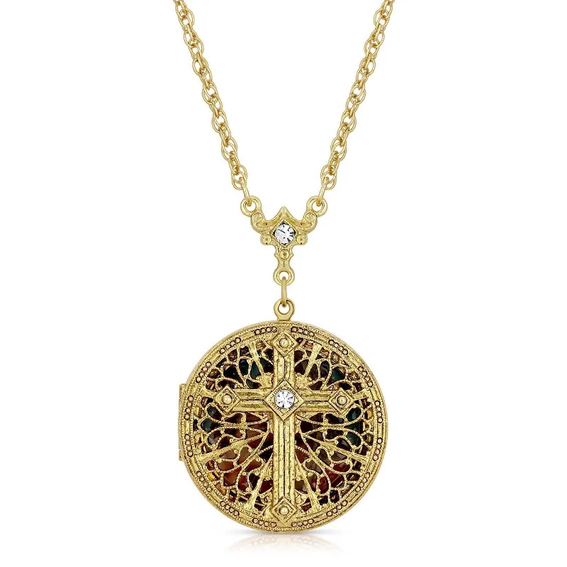 zodiac necklace for astrology lovers-Symbols Of Faith Crystal Cross Mary And Child Locket Necklace 30"