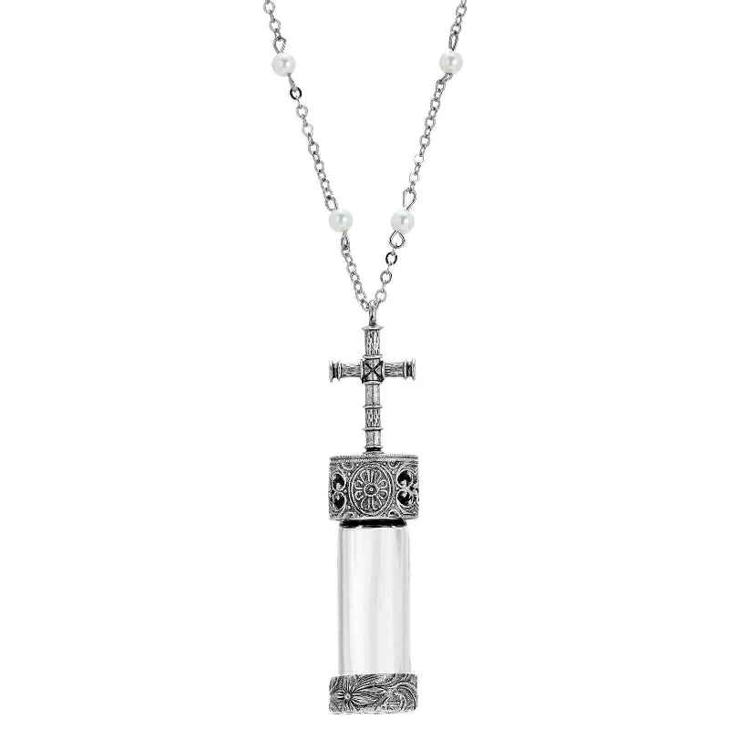 gold plated diamond necklace for women-Symbols Of Faith Faux Pearl Pewter Cross Cap Vial Necklace 30"