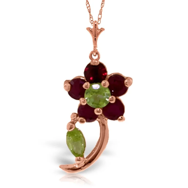 silver heart charm necklace for women-0.87 Carat 14K Rose Gold Flower Stem Ruby Peridot Necklace