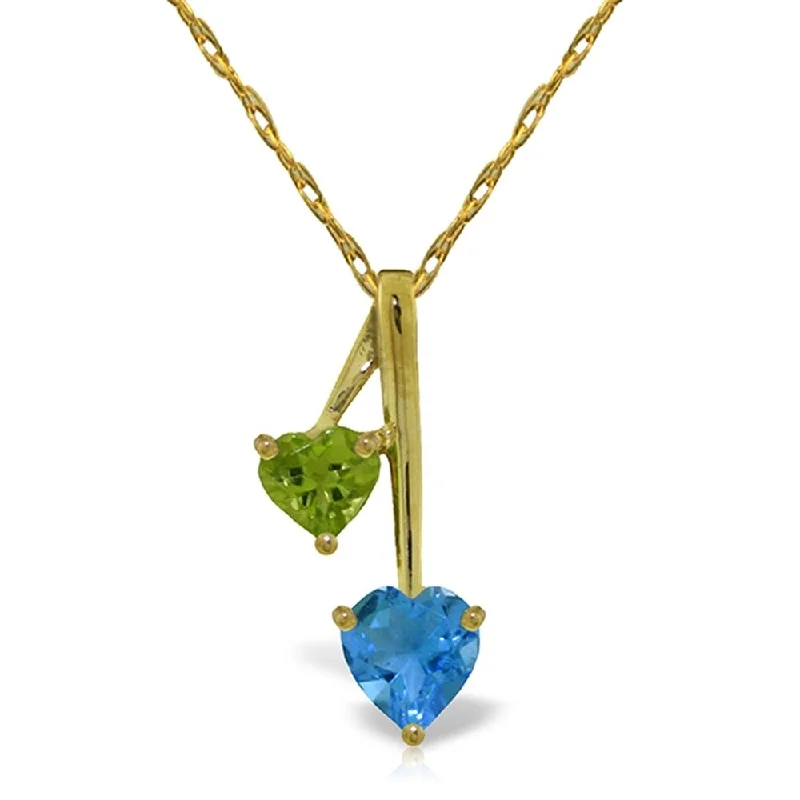 gemstone and silver necklace for women-1.4 Carat 14K Gold Hearts Necklace Natural Blue Topaz Peridot