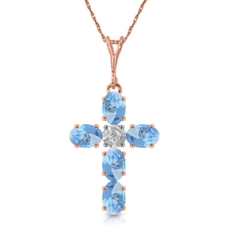 engraved bar necklace for special occasions-1.75 Carat 14K Rose Gold Cross Necklace Natural Diamond Blue Topaz