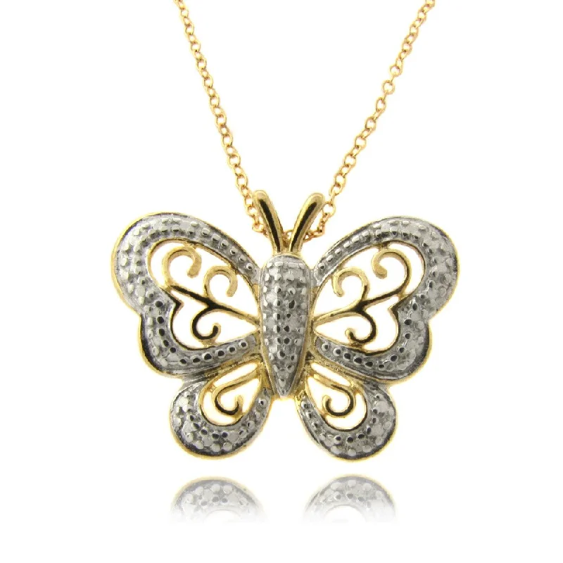 pearl and silver necklace for brides-14k Gold over Silver Diamond Accent Butterfly Necklace