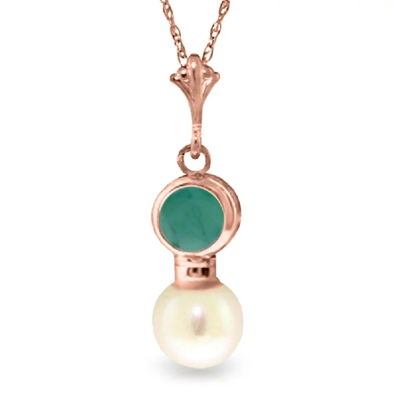 crystal bar pendant necklace for women-14K Rose Gold Necklace w/ Emerald & Pearl