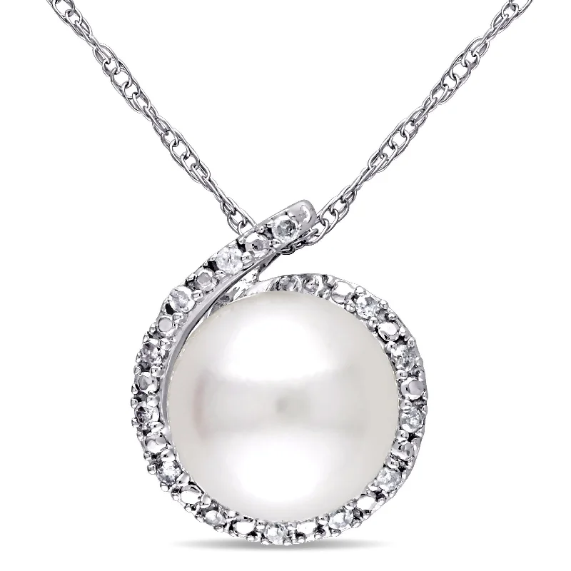 silver infinity pendant necklace-8-8.5 MM Cultured FW Pearl and Diamond Loop Halo Necklace in 10k White Gold by Miadora - 13.3 mm x 17 inch x 12 mm