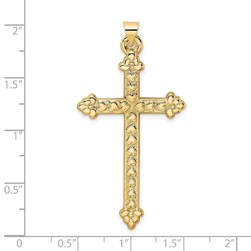 long beaded necklace for layering-Diamond2Deal 14K Yellow Gold and Textured Hollow Hearts Cross Pendant (L-49mm, W-26.5mm)