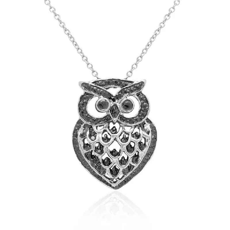 personalized gemstone charm necklace-Finesque Black and Silvertone Diamond Accent Owl Necklace