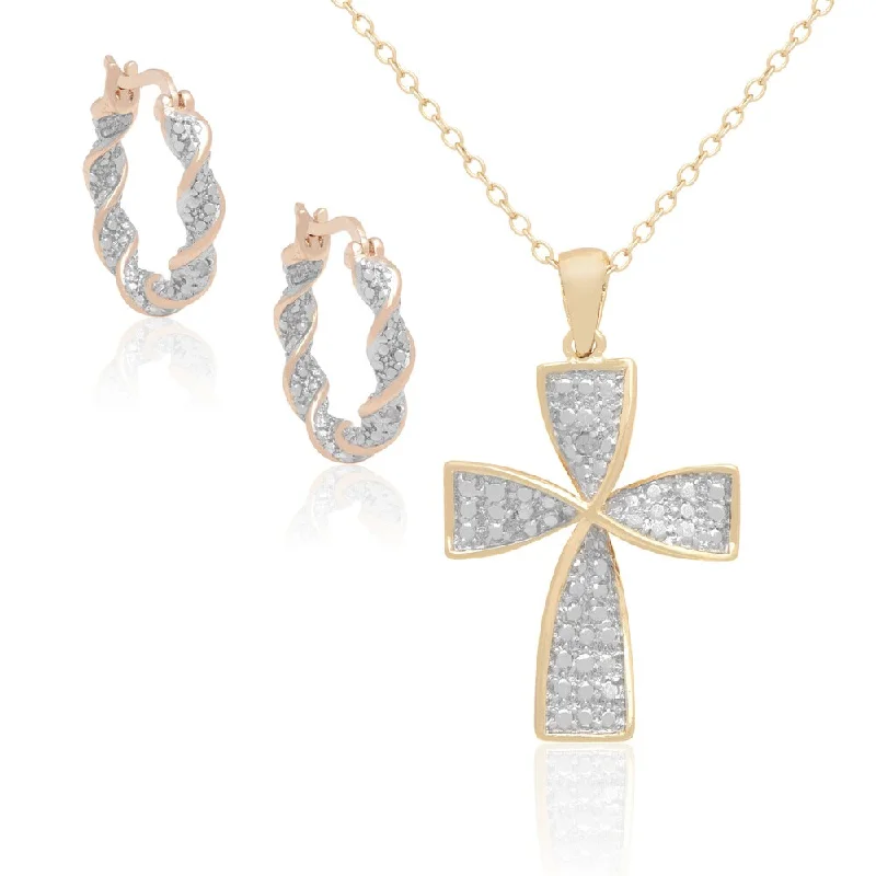 diamond heart necklace for engagement-Finesque Gold over Sterling Silver Diamond Accent Twisted Cross Pendant with Bonus Hoops