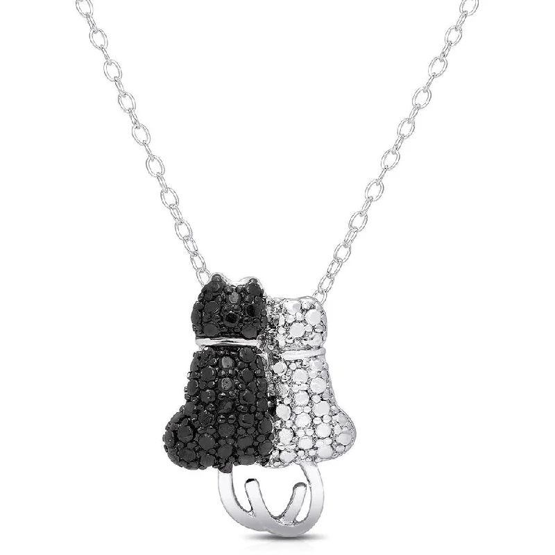 chic gemstone necklace for evening wear-Finesque Silverplated Black Diamond Accent Cat Necklace