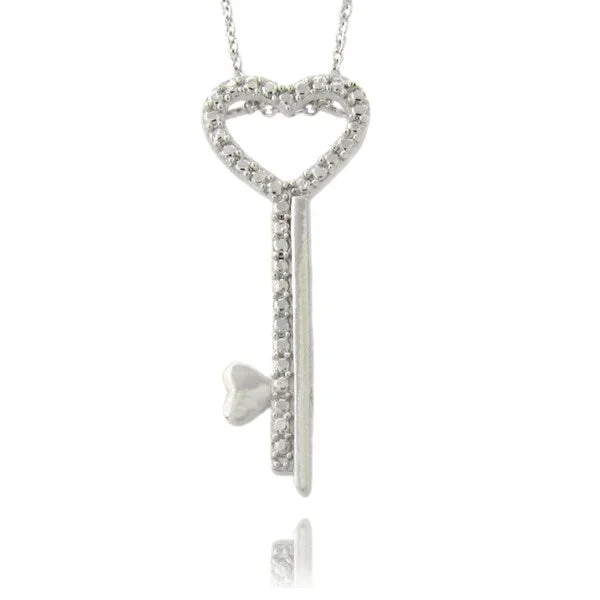 silver diamond necklace for evening wear-Finesque Silvertone Diamond Accent Heart Key Necklace