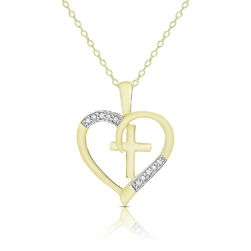 elegant diamond necklace for weddings-Finesque Sterling Silver or Gold Over Silver .06ct TDW Diamond Heart and Cross Necklace