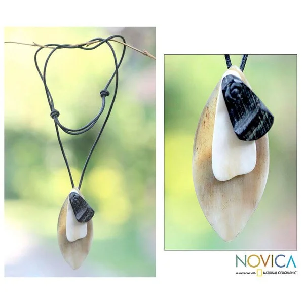 women’s custom birthstone pendant necklace-Handcrafted Leather and Bone 'Shield' Necklace (Indonesia)