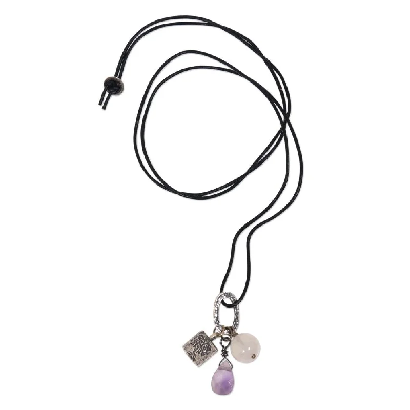 men’s nameplate necklace for personal style-Handmade Rose Quartz, Amethyst and Sterling Silver Charm Necklace, 'Banyan Tree' (Indonesia) - 7'6" x 9'6"