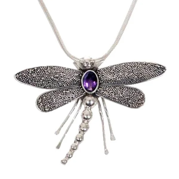 beaded gemstone necklace for spiritual healing-Handmade Sterling Silver 'Enchanted Dragonfly' Amethyst Necklace (Indonesia) - Purple