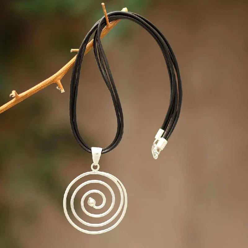 customized silver pendant necklace for women-Handmade Sterling Silver Leather 'Andean Whirlwind' Necklace (Peru) - 7'6" x 9'6"