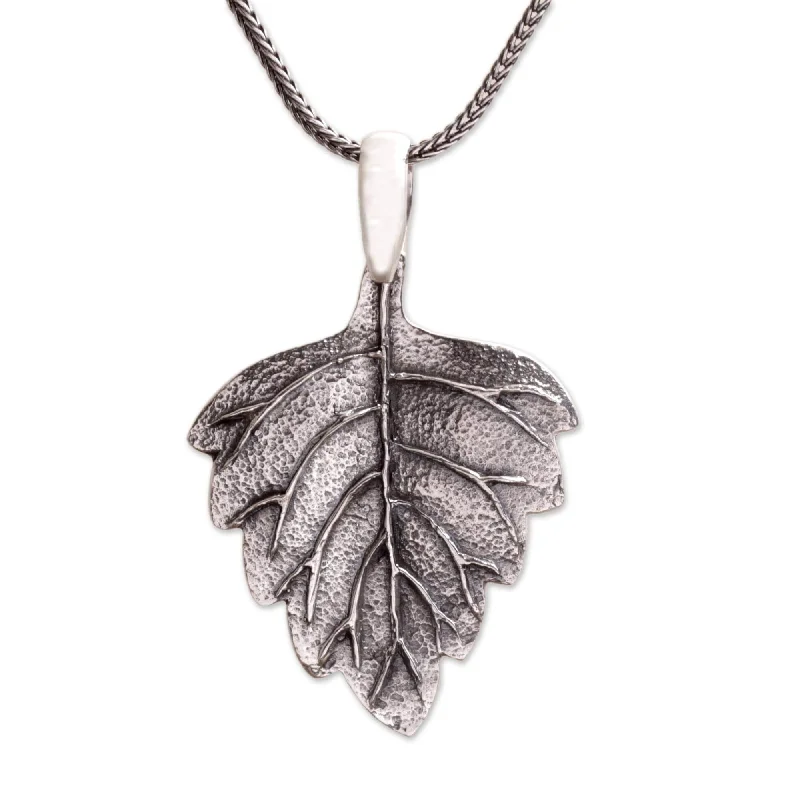 silver bar pendant necklace for men-Handmade Sterling Silver Pendant Necklace, 'Glistening Leaf' (Indonesia) - 7'6" x 9'6"