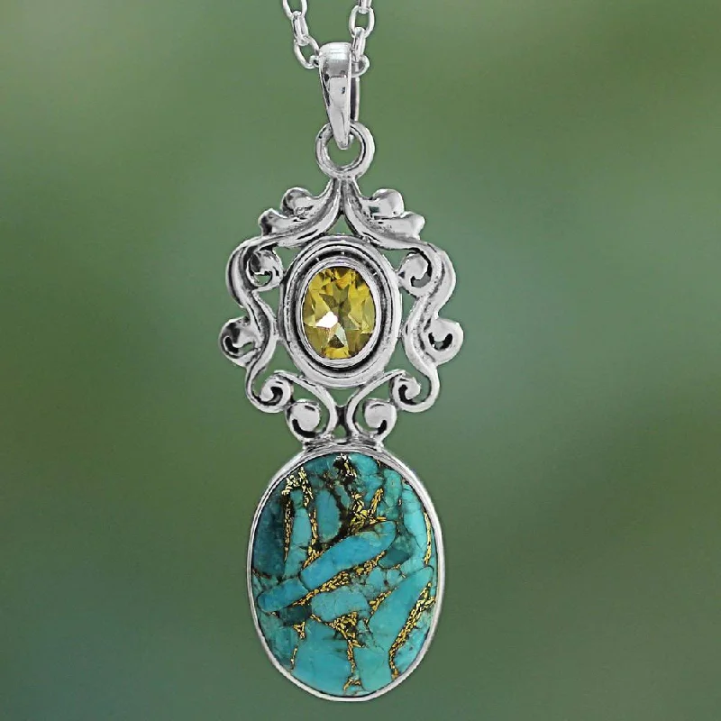 celestial choker necklace for women-Handmade Sterling Silver 'Whimsical Tendrils' Citrine Turquoise Necklace (India)