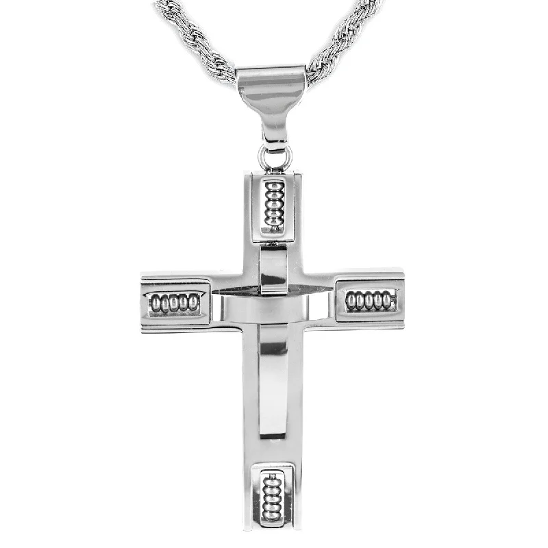 silver moon necklace for girls-Men's Beaded Cross Stainless Steel Pendant Necklace - 24"