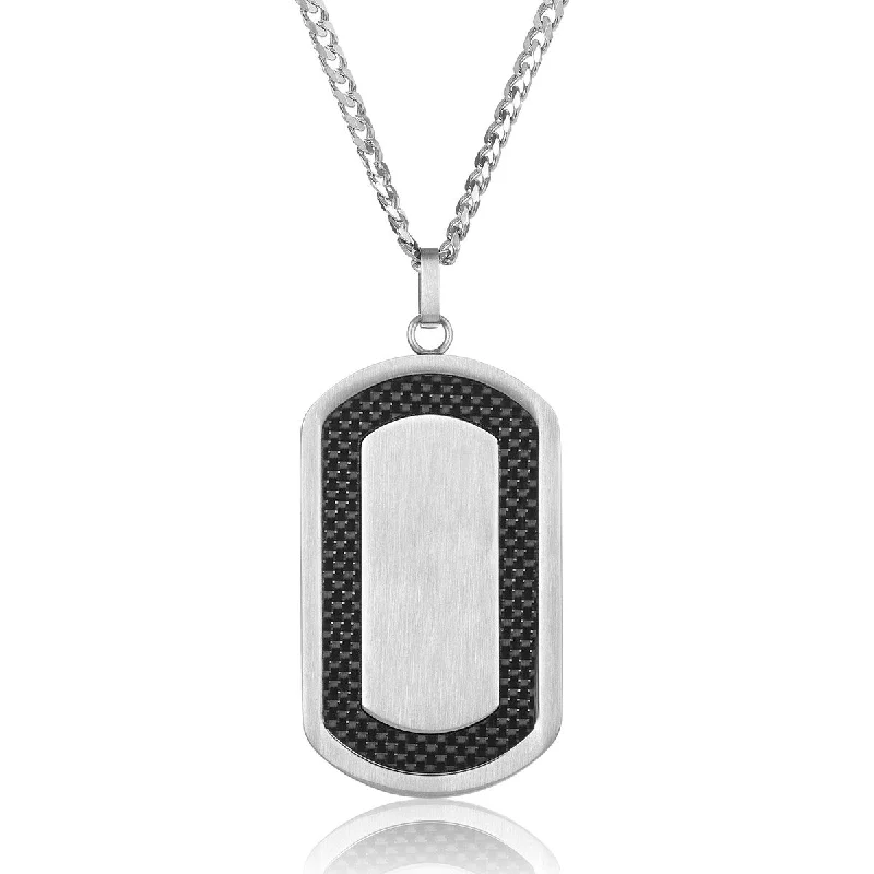 custom photo pendant necklace for gifts-Men's Black Carbon Fiber Frame Brushed Stainless Steel Dog Tag Necklace - 24"