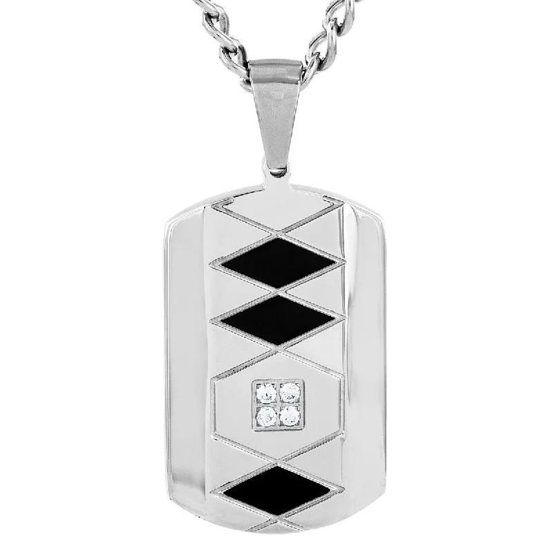 silver choker necklace for casual wear-Men's Cubic Zirconia Stone Diamond-Pattern Stainless Steel Dog Tag Necklace - 24"