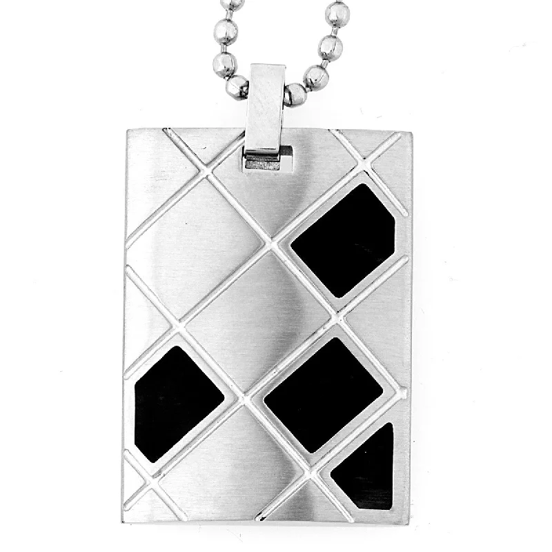 custom engraved photo necklace for women-Men's Geometric Design Black Plated Stainless Steel Dog Tag Necklace - 24"