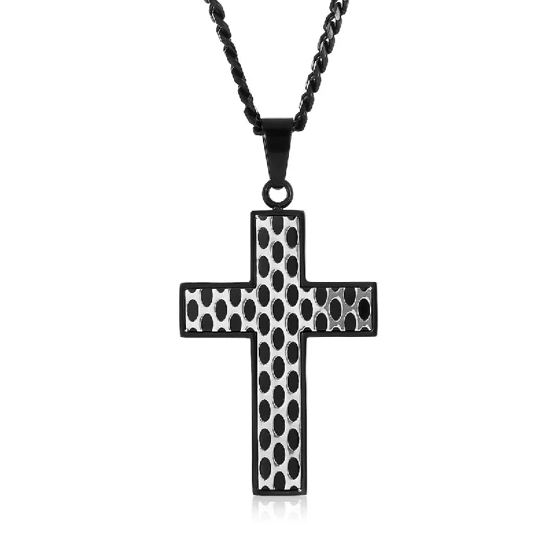 silver name necklace for couples-Men's Graphic Cross Black Plated Stainless Steel Pendant Necklace - 24"