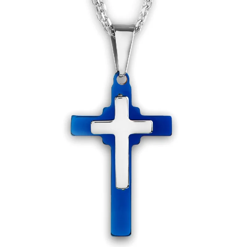 men’s stainless steel chain necklace-Men's Layered Cross Blue and Silver Plated Stainless Steel Necklace - 19"