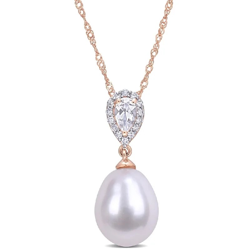 multi-layered gemstone necklace-Miadora 10k Rose Gold Cultured FW Pearl, White Topaz & Diamond Teardrop Halo Necklace (9-9.5 mm)