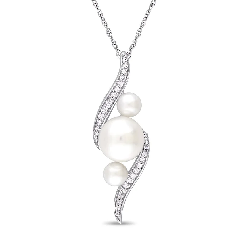 custom gemstone necklace for men-Miadora 10k White Gold Cultured Freshwater Pearl 1/8ct TDW Diamond Twist Necklace (8-9mm)