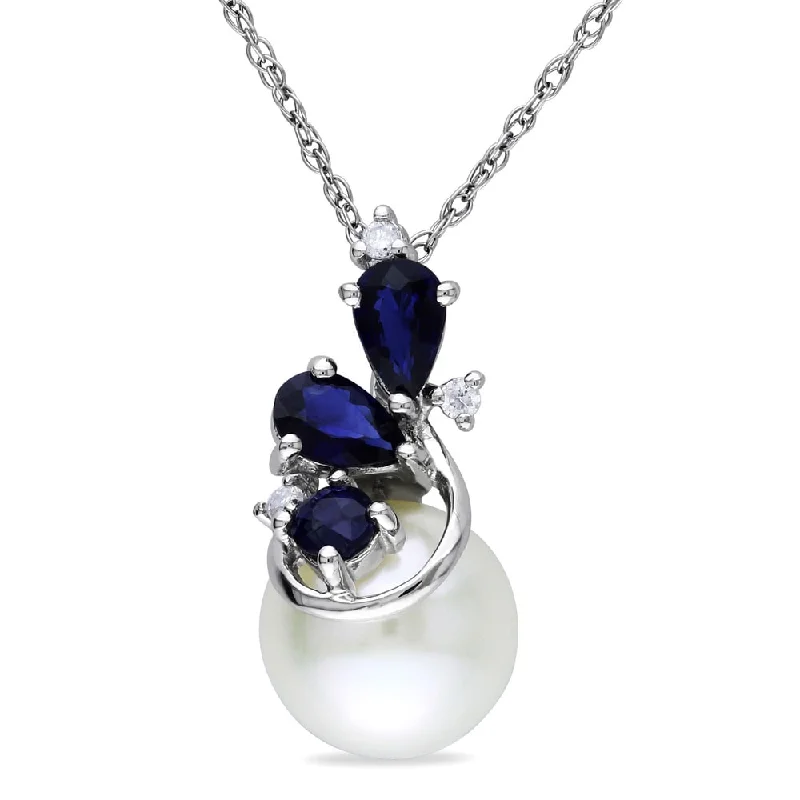 personalized gemstone charm necklace-Miadora 10k White Gold Cultured Freshwater Pearl, Sapphire and Diamond Necklace (H-I, I2-I3) (8.5-9 mm)